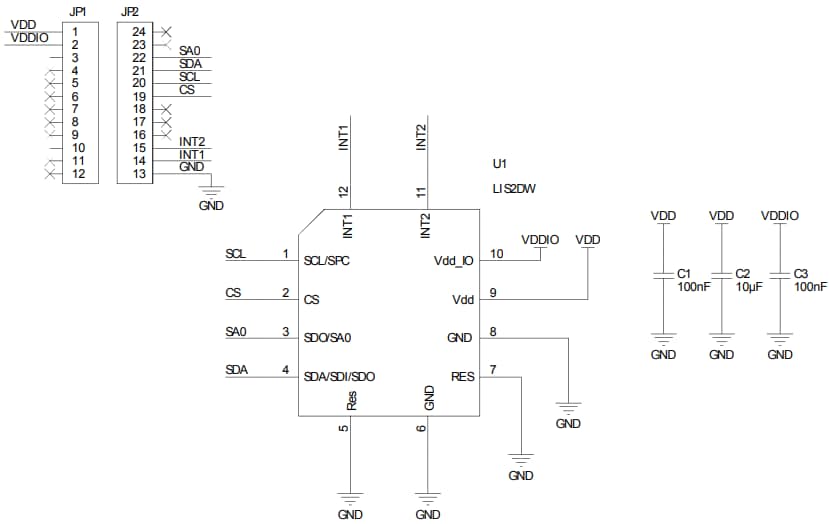 回路図 - STMicroelectronics STEVAL-MKI179V1 LIS2DW12アダプタボード